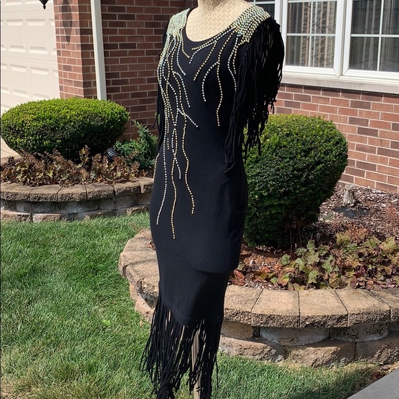 Vintage Dresses & Skirts - Vintage 80’s Fringe Spandex Beaded Dress